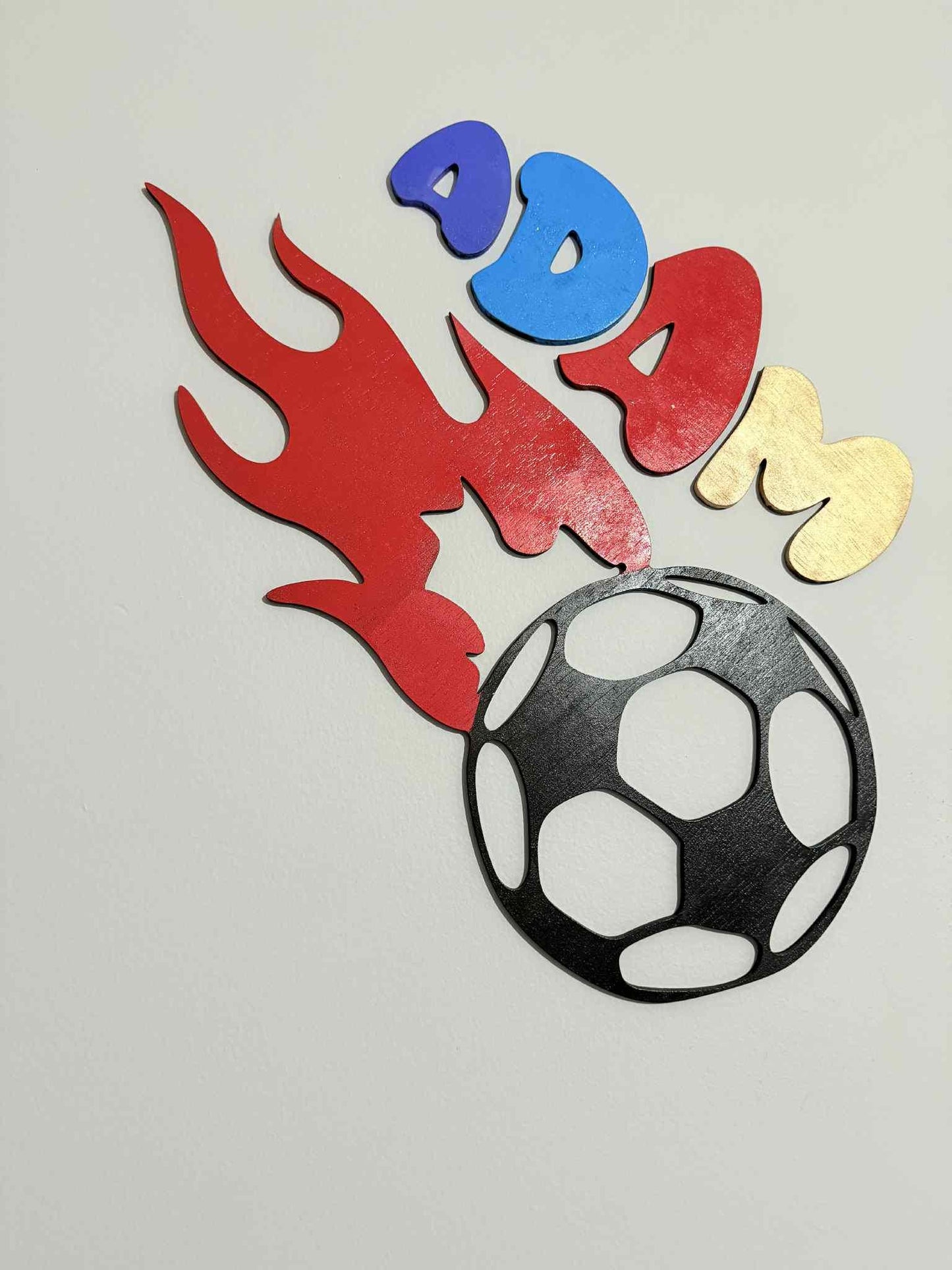 Custom Soccer Name Sign – Kids Sports Wall Decor with Fire Design – 3 Sizes – Personalized Wood Name Plaque
