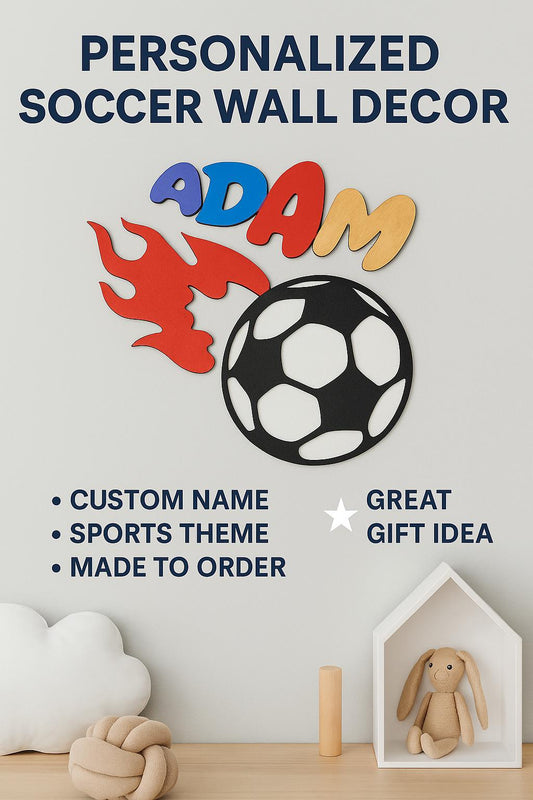 Custom Soccer Name Sign – Kids Sports Wall Decor with Fire Design – 3 Sizes – Personalized Wood Name Plaque