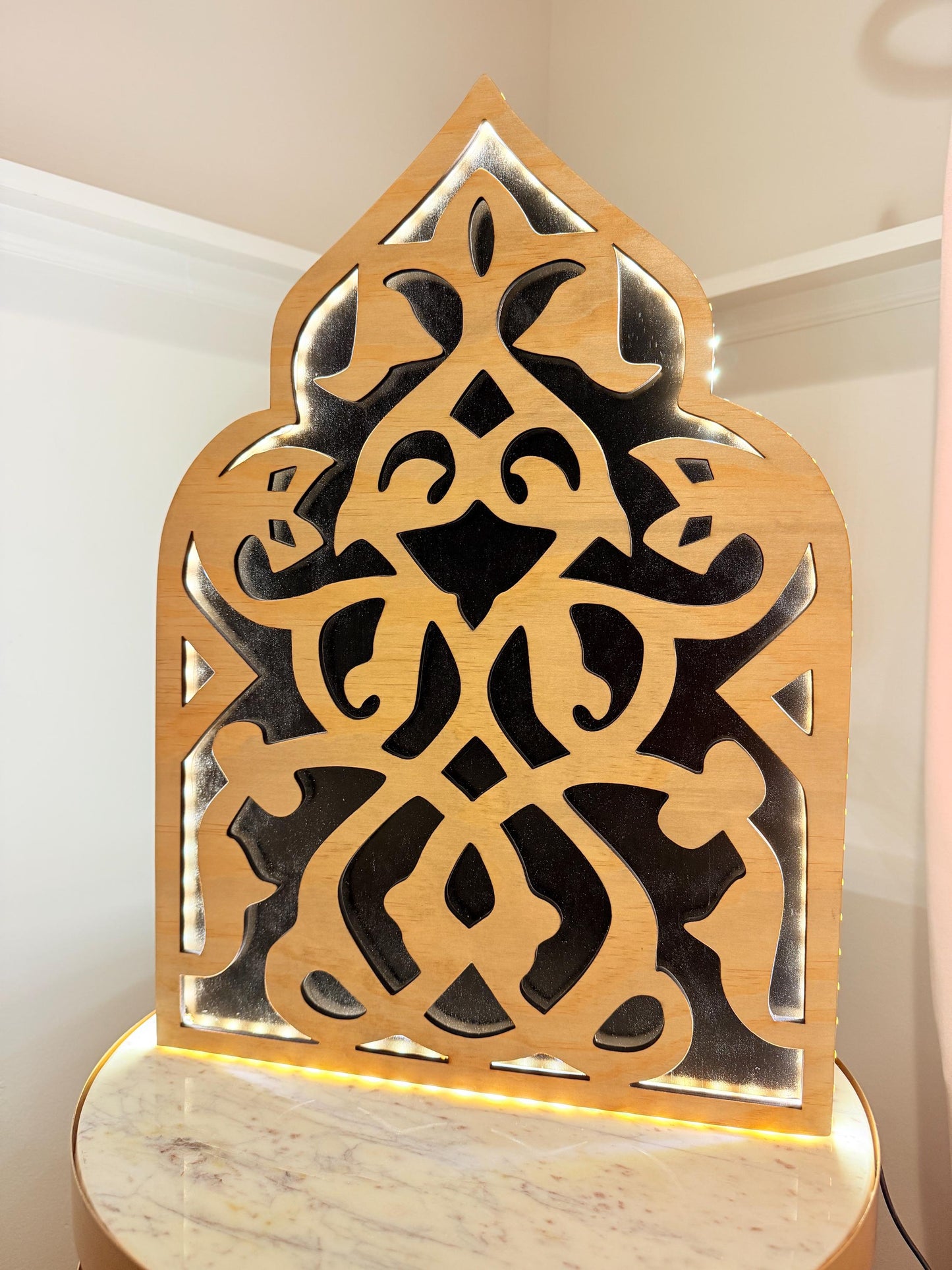 Backlit Wood Wall Art | LED Modern Boho Decor | Arabic-Inspired Geometric Panel | Custom Sizes Available | Entryway or Living Room Accent