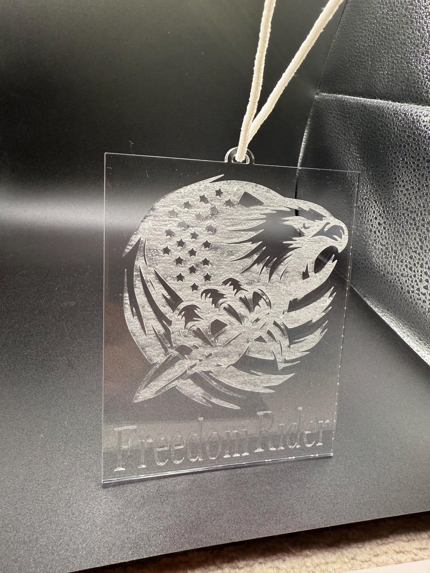 Freedom Rider Eagle Car Pendant | Patriotic Acrylic Rearview Charm | Handmade USA Biker Gift