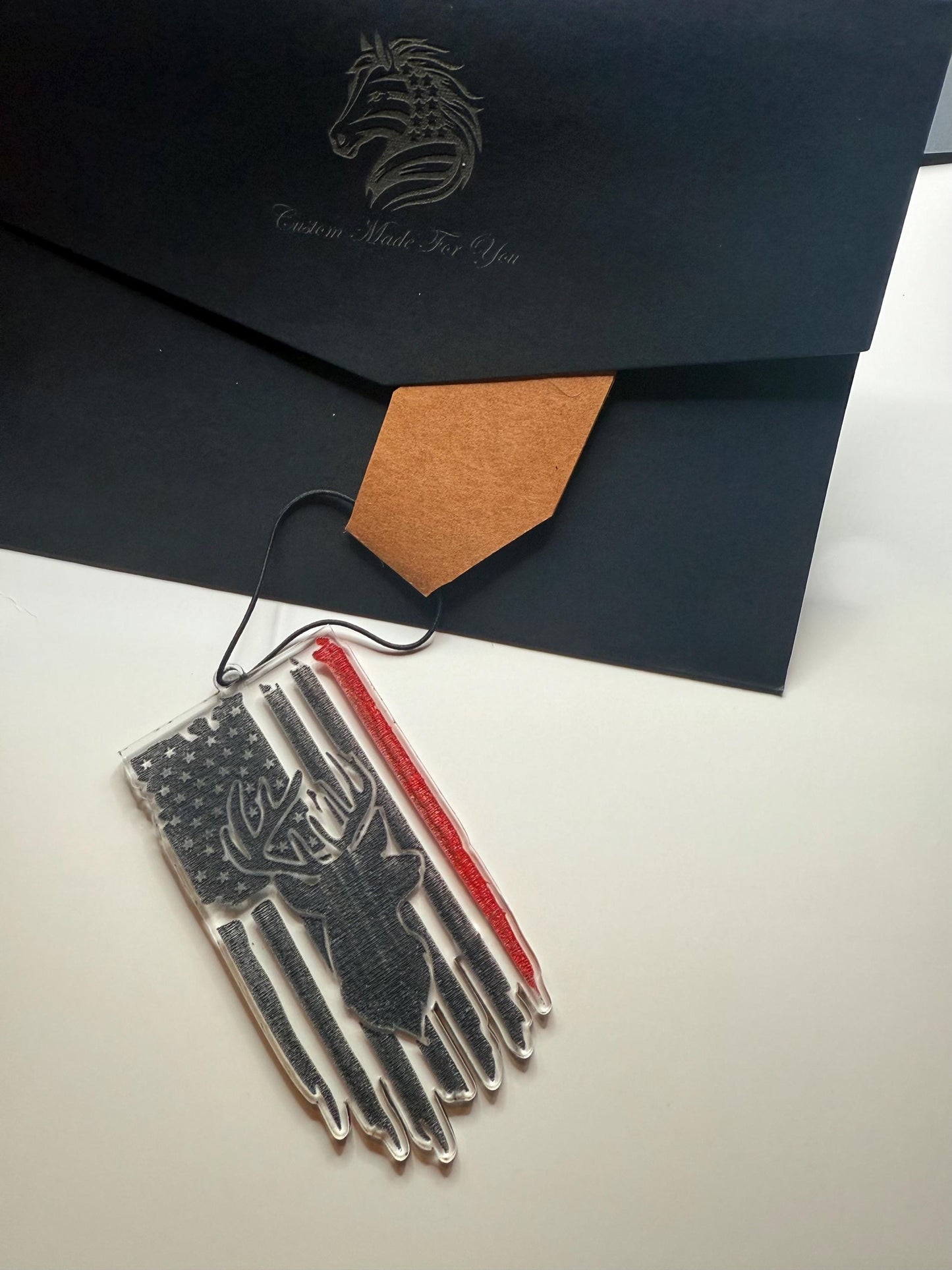 Custom Deer Hunter Patriotic Car Pendant | American Flag Acrylic Charm with Buck Silhouette | Personalized Hunting Gift