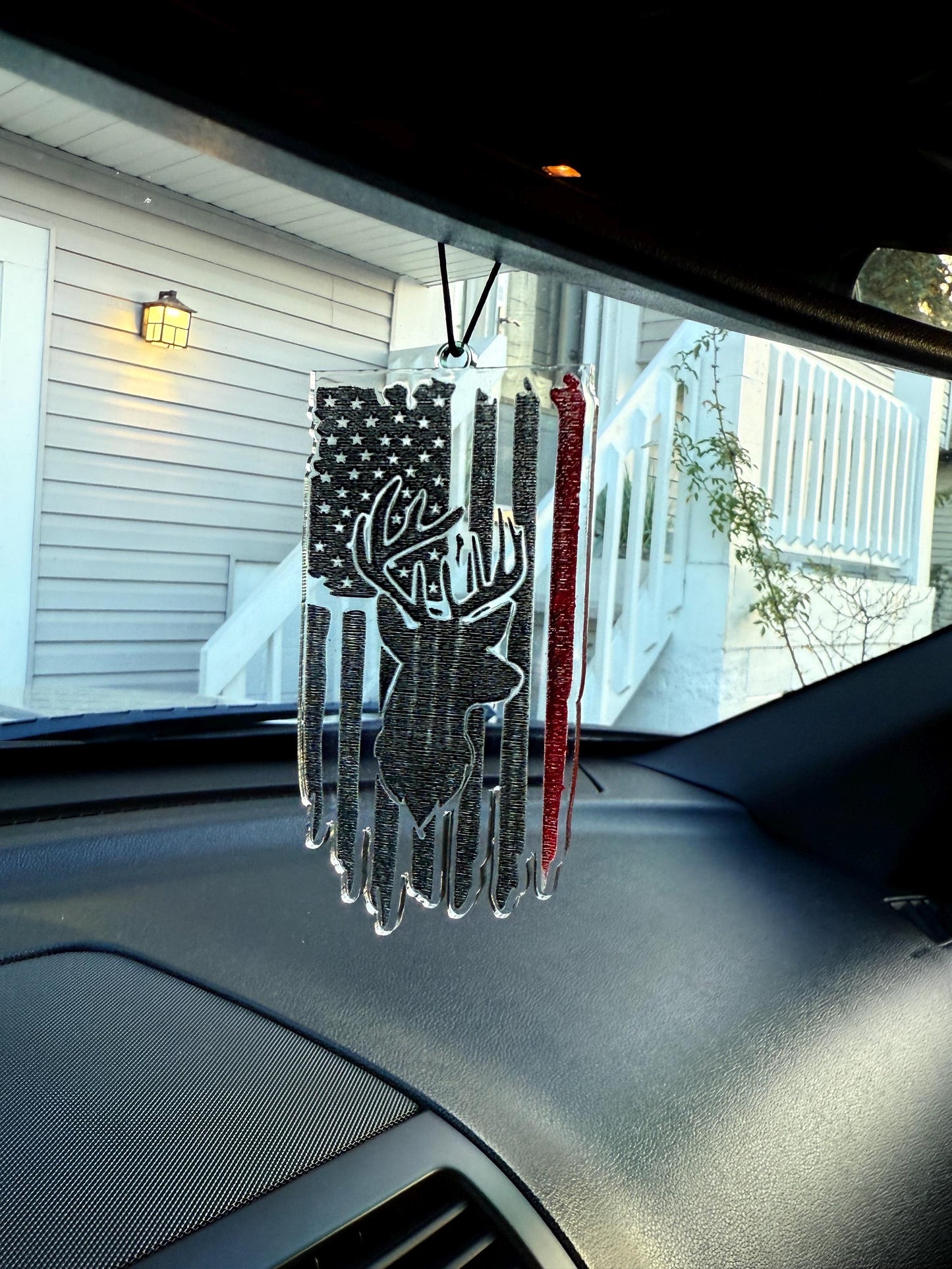 Custom Deer Hunter Patriotic Car Pendant | American Flag Acrylic Charm with Buck Silhouette | Personalized Hunting Gift