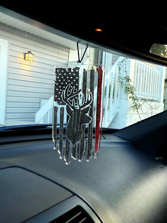 Custom Deer Hunter Patriotic Car Pendant | American Flag Acrylic Charm with Buck Silhouette | Personalized Hunting Gift