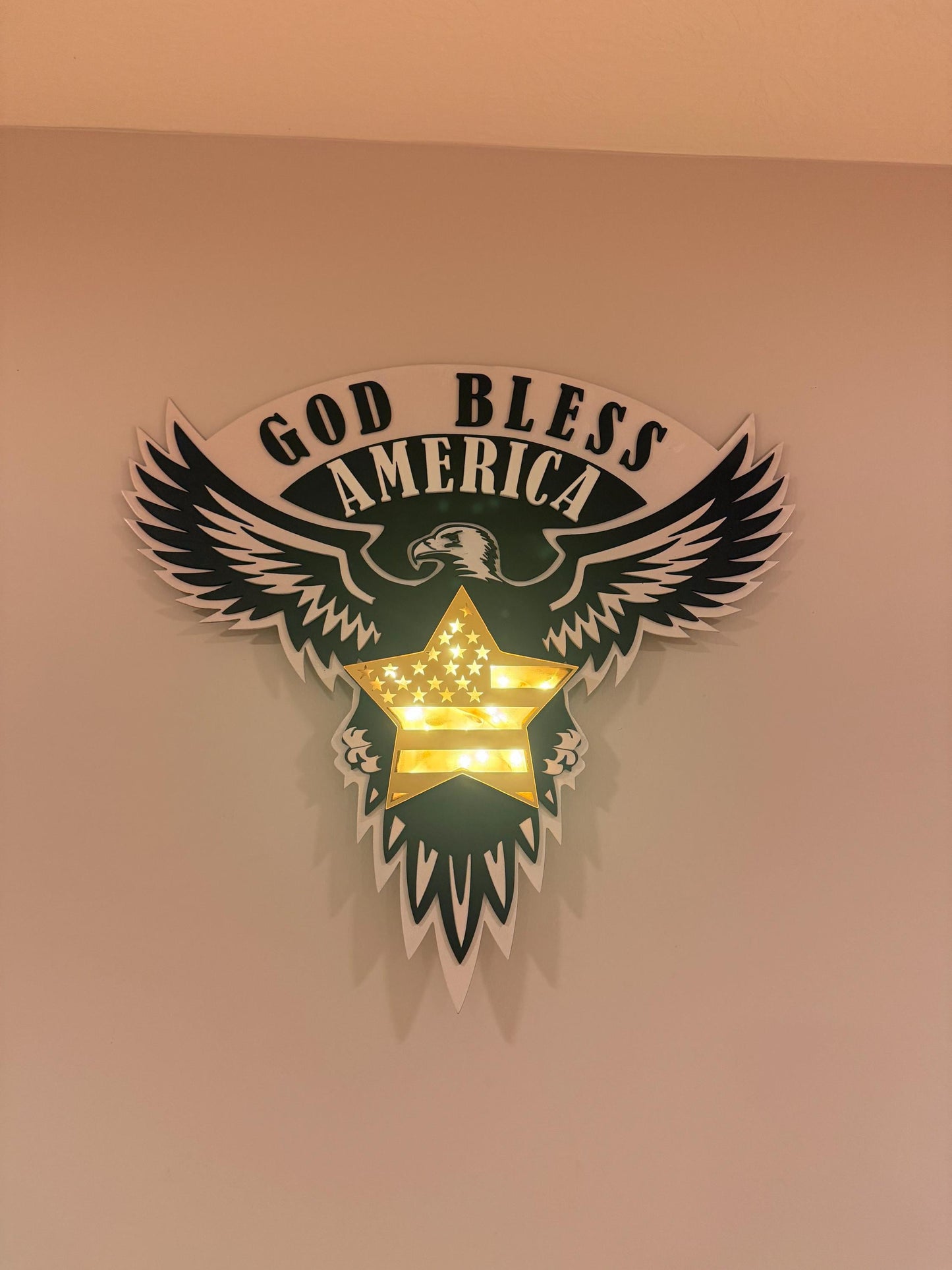 Patriotic Wall Art | God Bless America Eagle & Star | LED Light or Mirror Acrylic | Handmade USA Décor