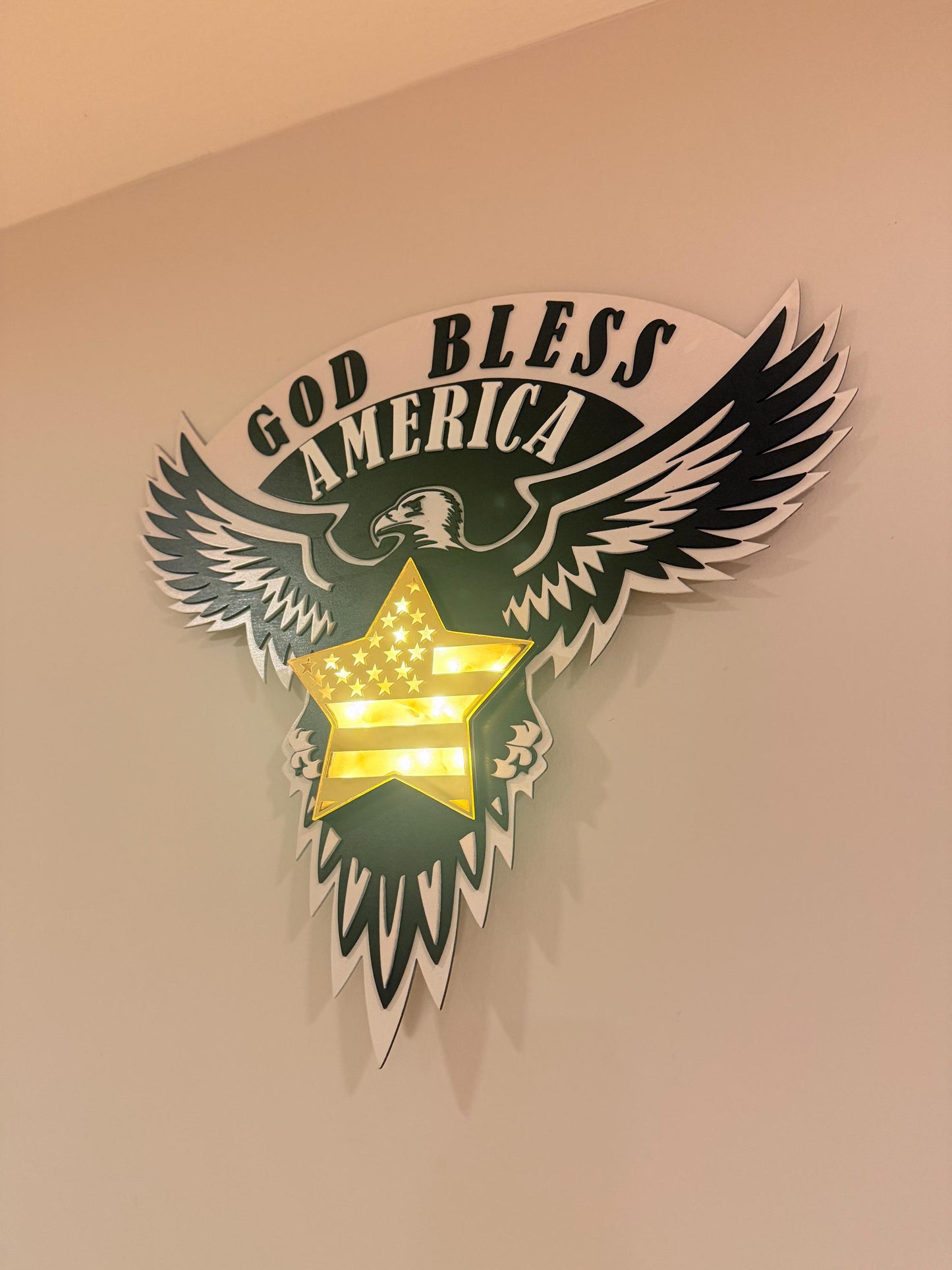 Patriotic Wall Art | God Bless America Eagle & Star | LED Light or Mirror Acrylic | Handmade USA Décor