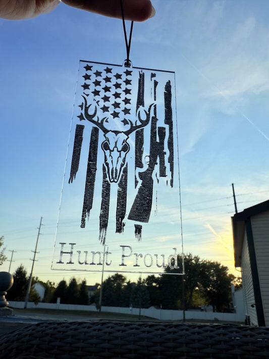 Hunt Proud Car Charm | American Flag Deer Skull Acrylic Pendant | Patriotic Hunter Gift