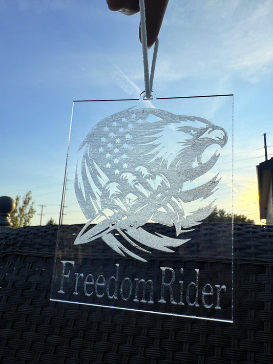 Freedom Rider Eagle Car Pendant | Patriotic Acrylic Rearview Charm | Handmade USA Biker Gift