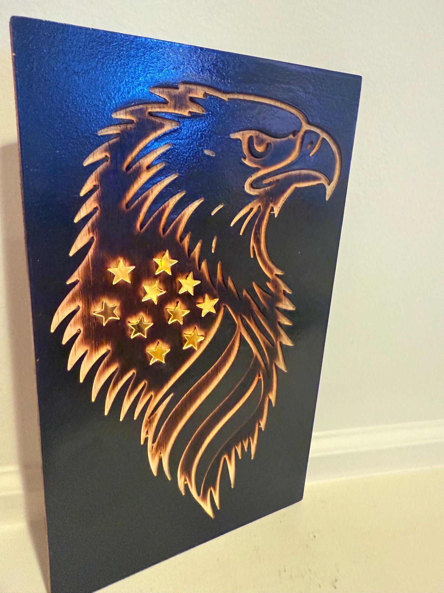 Rustic Eagle Wood Sign / Wall Art – Patriotic American Flag Décor with Mirror Stars