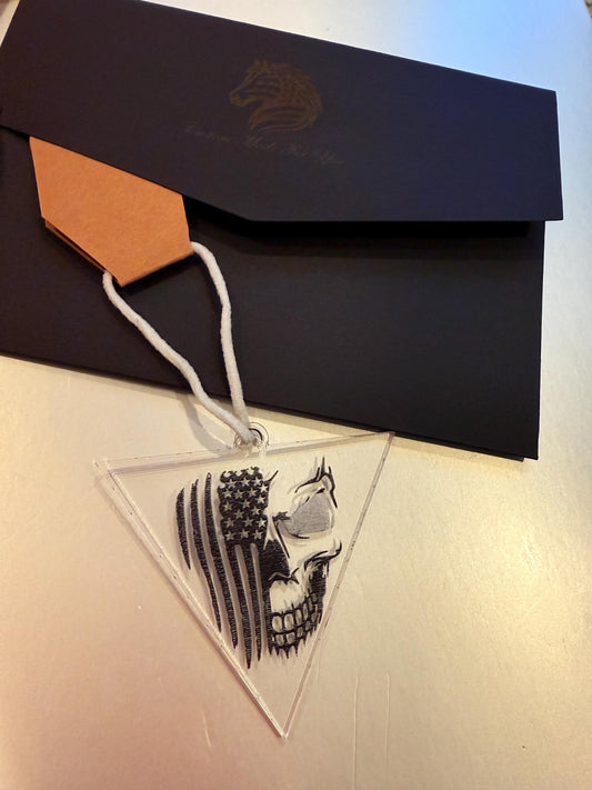 Patriotic Skull Car Pendant | American Flag Car Charm | Personalized Acrylic Keychain Style | Veteran Gift | Handmade USA Décor