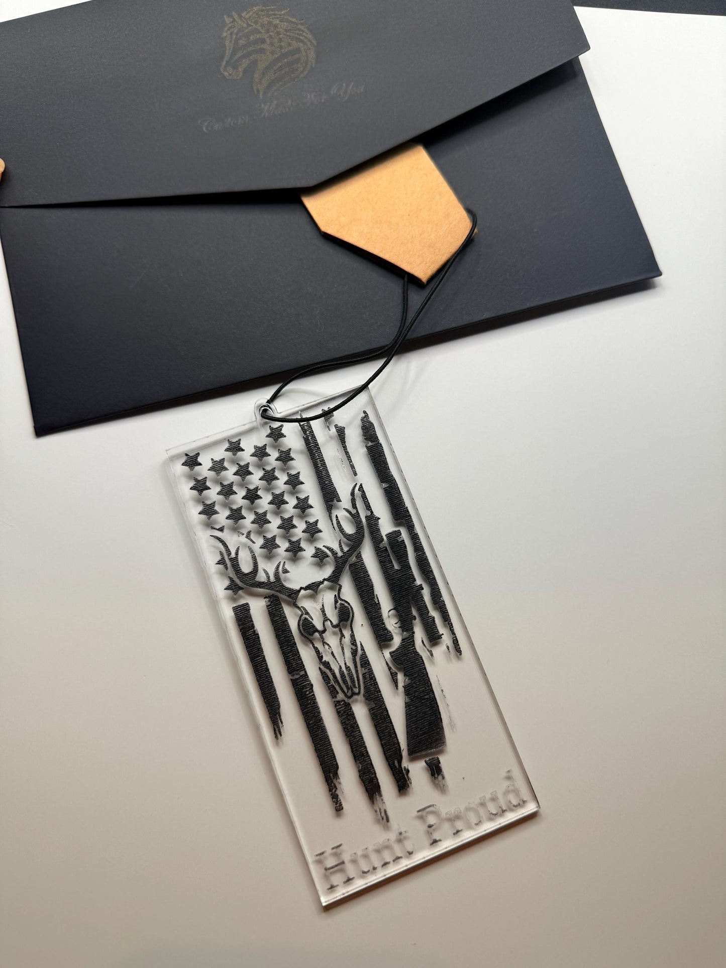 Hunt Proud Car Charm | American Flag Deer Skull Acrylic Pendant | Patriotic Hunter Gift