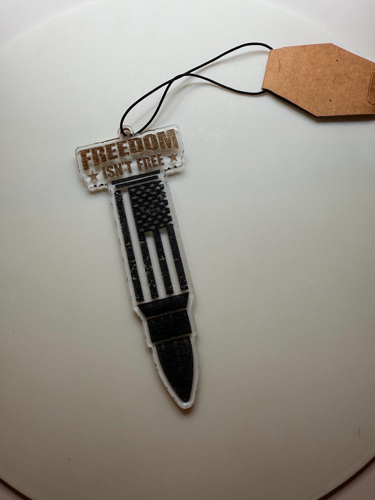 Freedom Isn’t Free Car Charm | American Flag Bullet Acrylic Pendant | Veteran & Military Gift