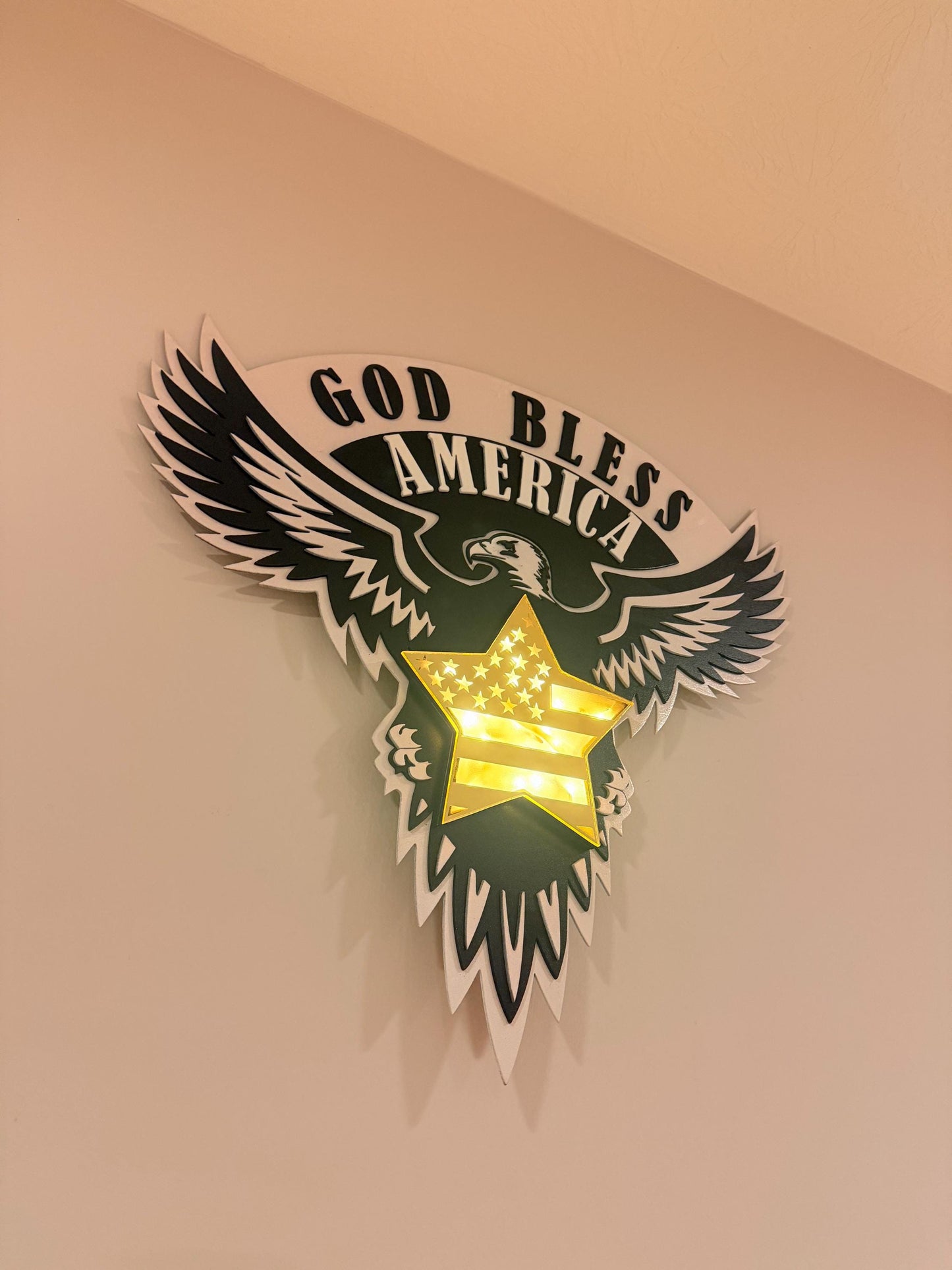 Patriotic Wall Art | God Bless America Eagle & Star | LED Light or Mirror Acrylic | Handmade USA Décor