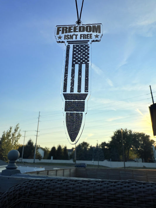 Freedom Isn’t Free Car Charm | American Flag Bullet Acrylic Pendant | Veteran & Military Gift