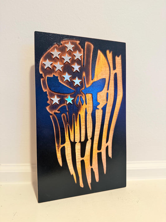 Rustic Punisher Flag Wood Wall Art – Black Engraved Wood with Satin Burn & Acrylic Mirror