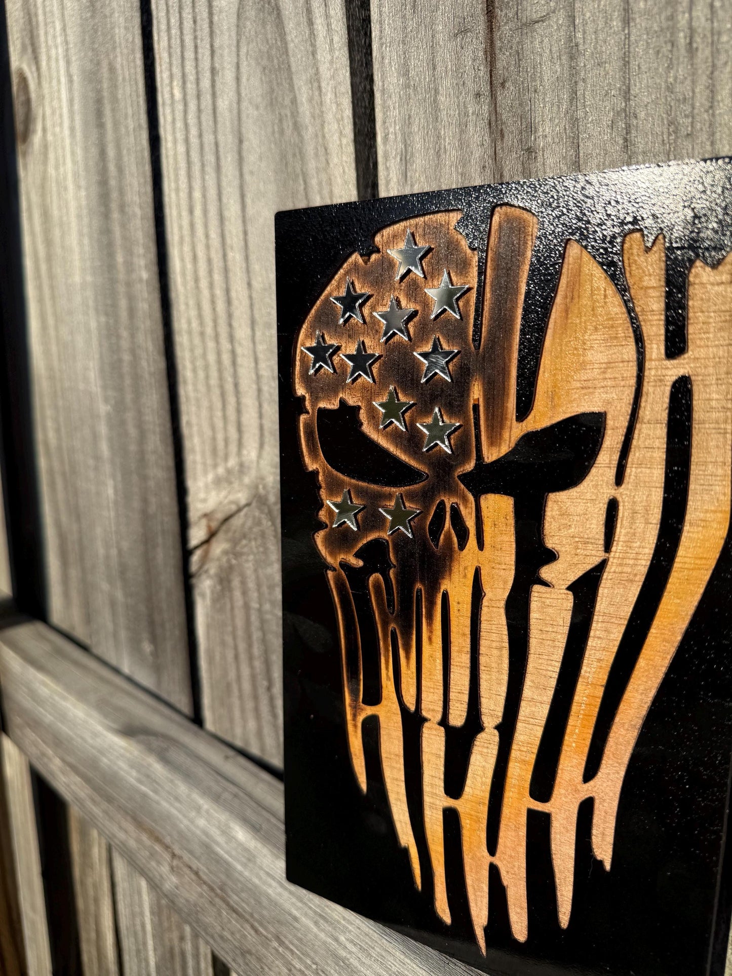 Rustic Punisher Flag Wood Wall Art – Black Engraved Wood with Satin Burn & Acrylic Mirror