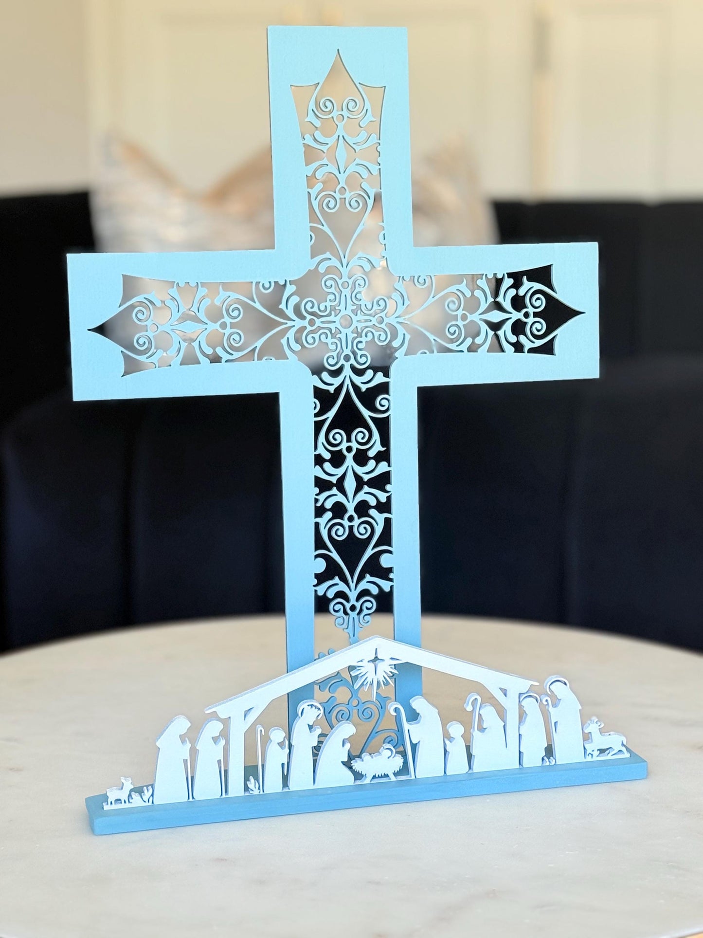 Handmade Wooden Nativity Cross – Laser Cut Christmas Cross with Nativity Scene | Religious Christian Décor | Free Shipping