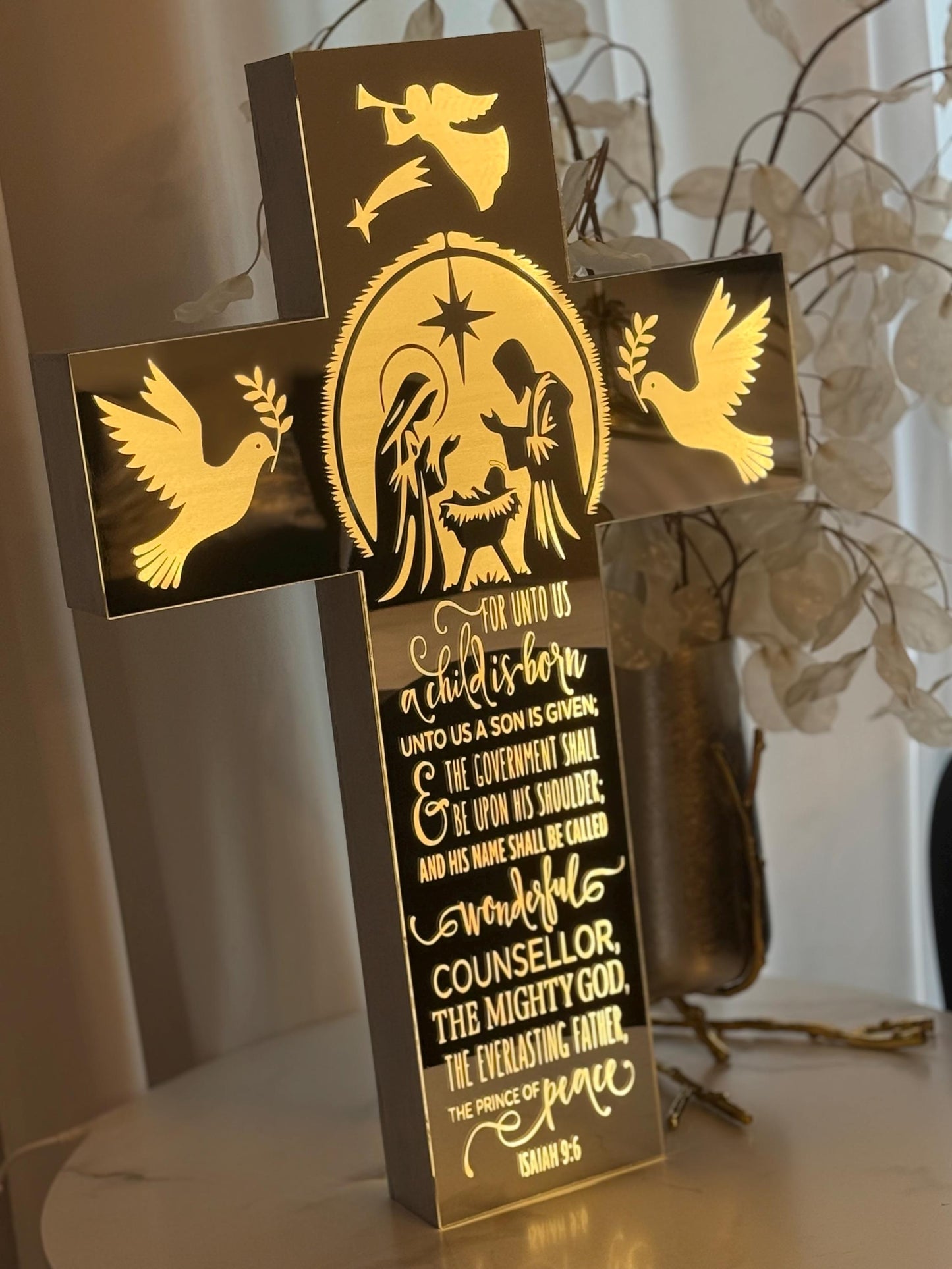 Exclusive LED Nativity Cross – Mirror Acrylic Face & Solid Wood | Handmade Design | Free Shipping