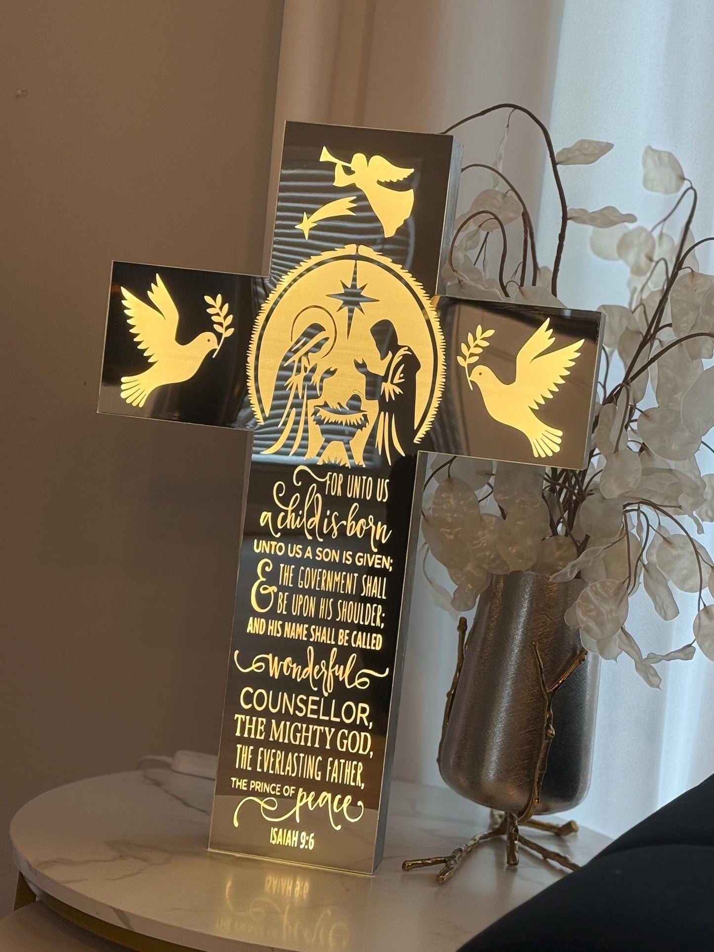 Exclusive LED Nativity Cross – Mirror Acrylic Face & Solid Wood | Handmade Design | Free Shipping