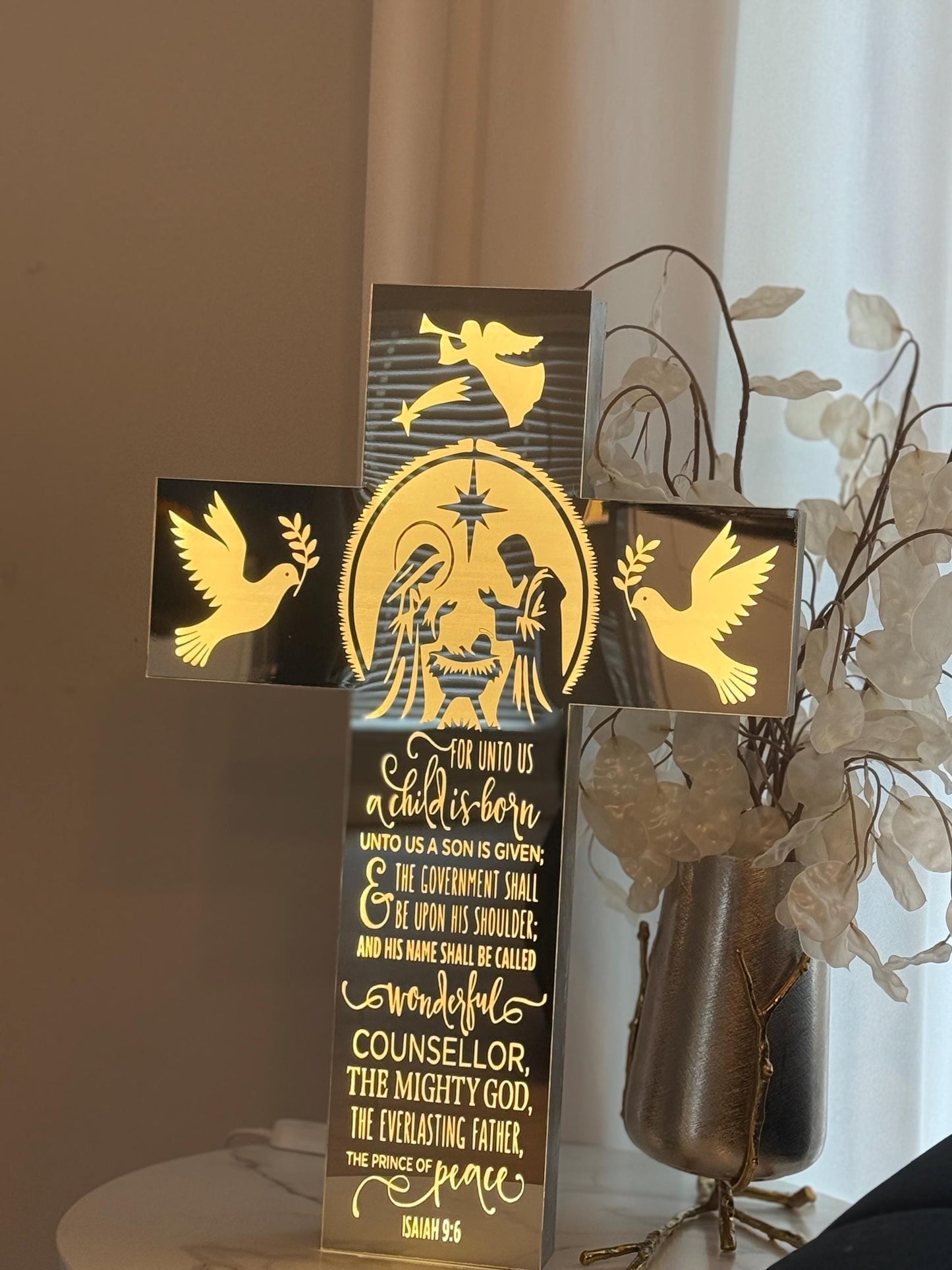 Exclusive LED Nativity Cross – Mirror Acrylic Face & Solid Wood | Handmade Design | Free Shipping