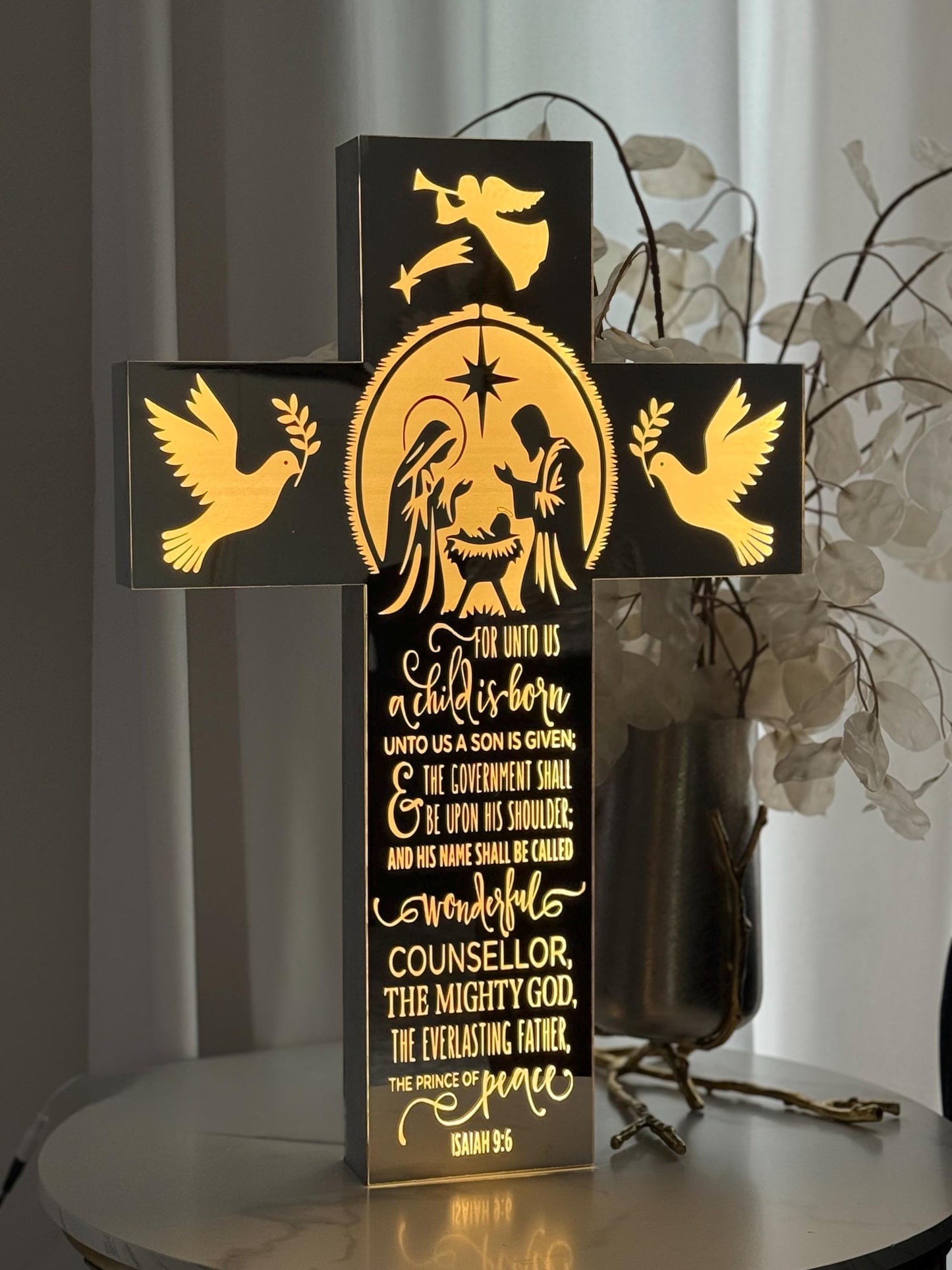 Exclusive LED Nativity Cross – Mirror Acrylic Face & Solid Wood | Handmade Design | Free Shipping