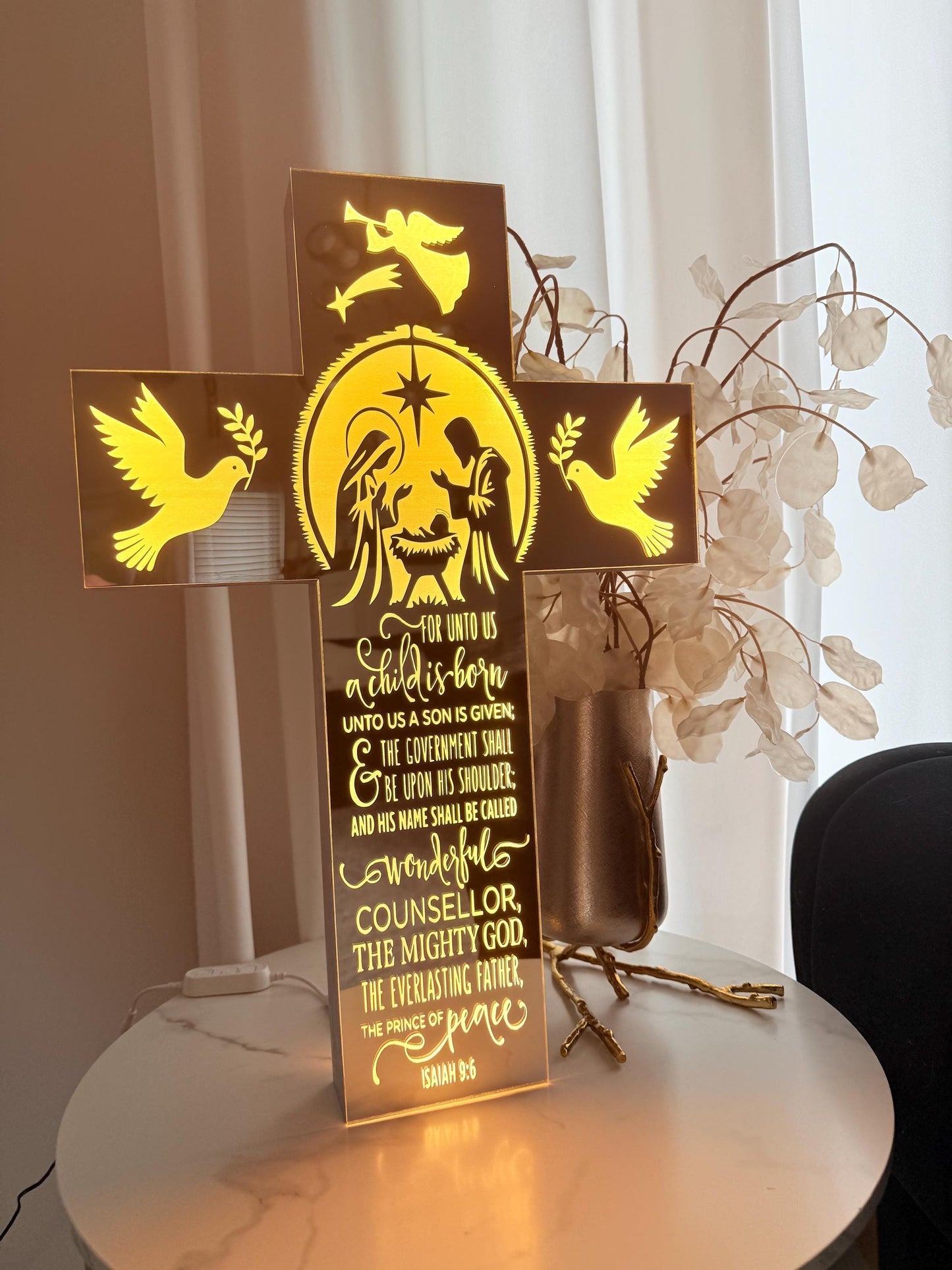 Exclusive LED Nativity Cross – Mirror Acrylic Face & Solid Wood | Handmade Design | Free Shipping