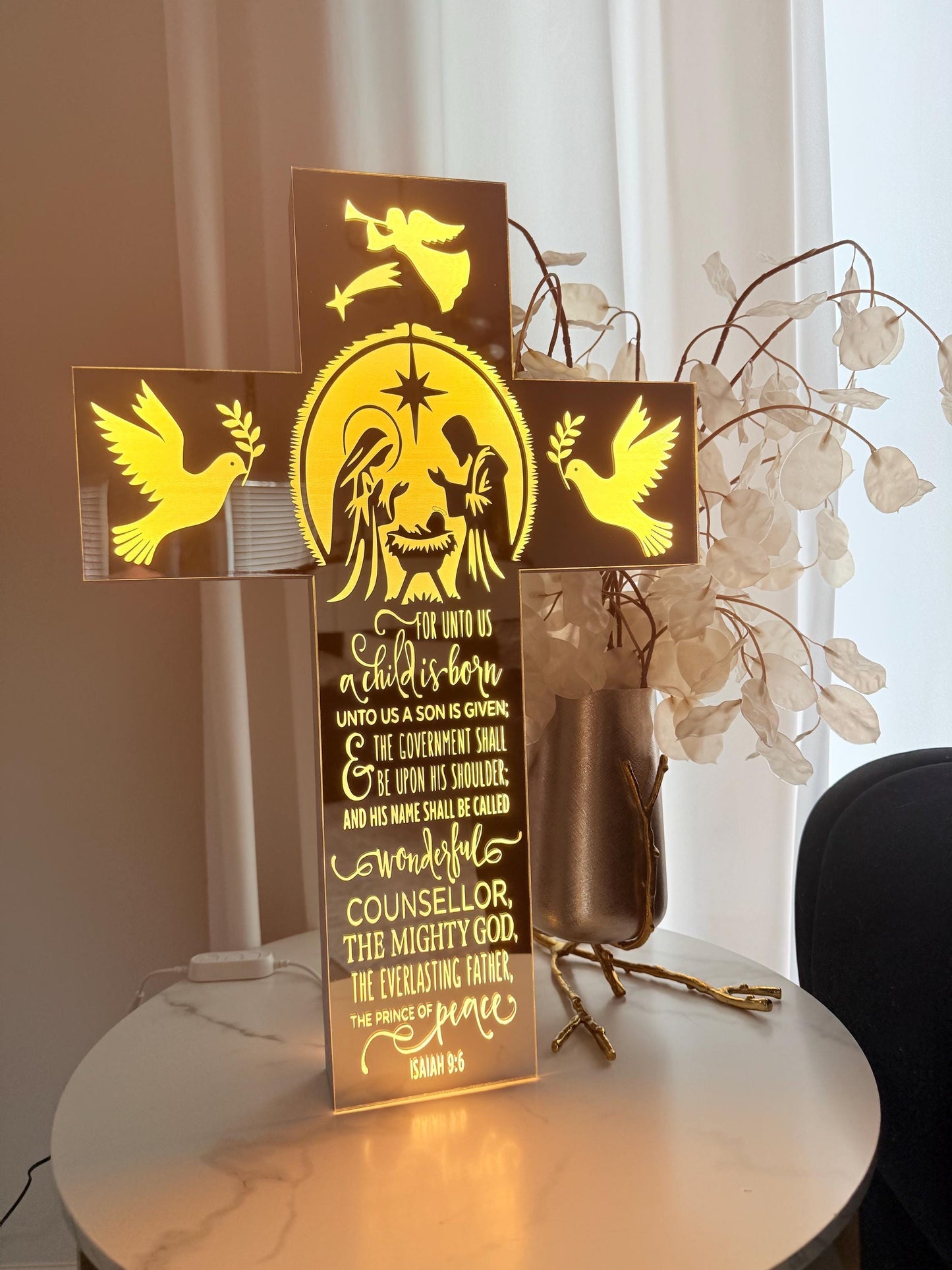 Exclusive LED Nativity Cross – Mirror Acrylic Face & Solid Wood | Handmade Design | Free Shipping