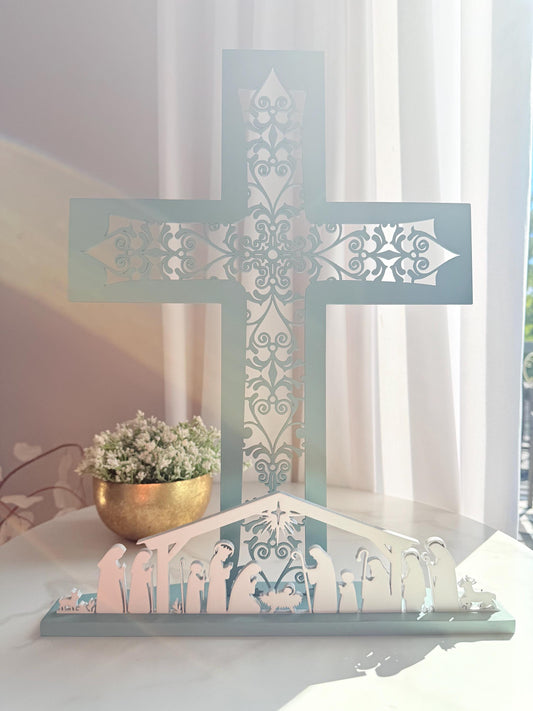 Handmade Wooden Nativity Cross – Laser Cut Christmas Cross with Nativity Scene | Religious Christian Décor | Free Shipping