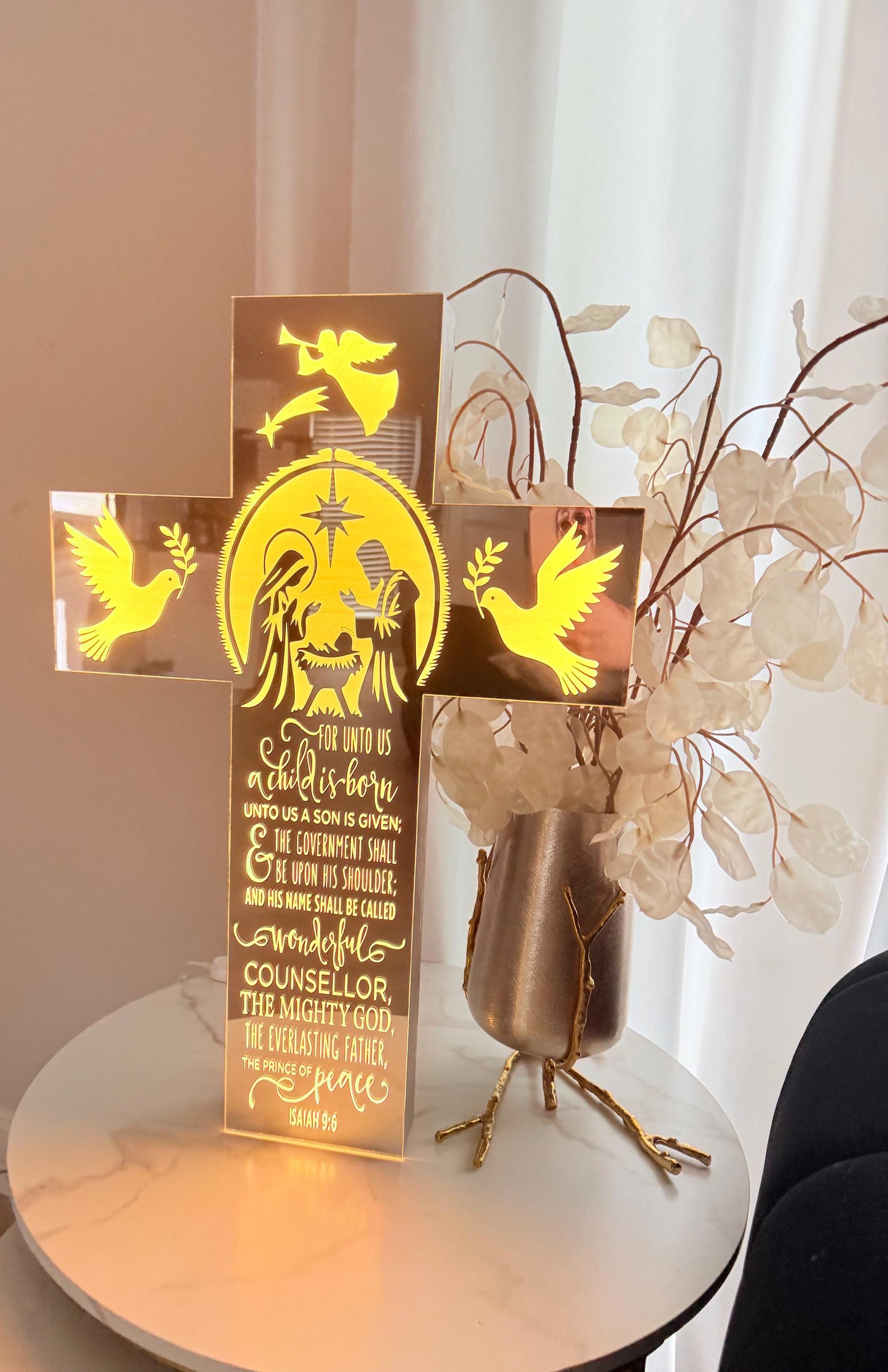 Exclusive LED Nativity Cross – Mirror Acrylic Face & Solid Wood | Handmade Design | Free Shipping
