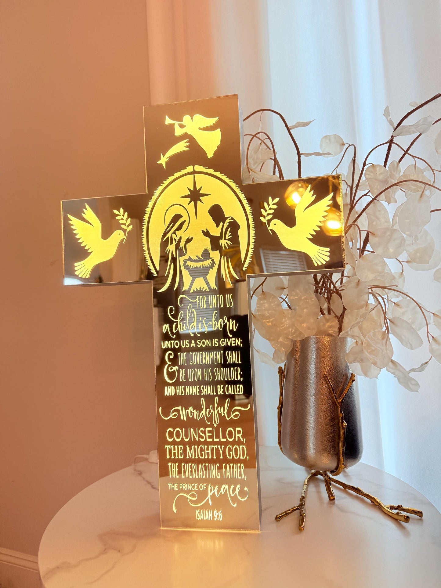 Exclusive LED Nativity Cross – Mirror Acrylic Face & Solid Wood | Handmade Design | Free Shipping