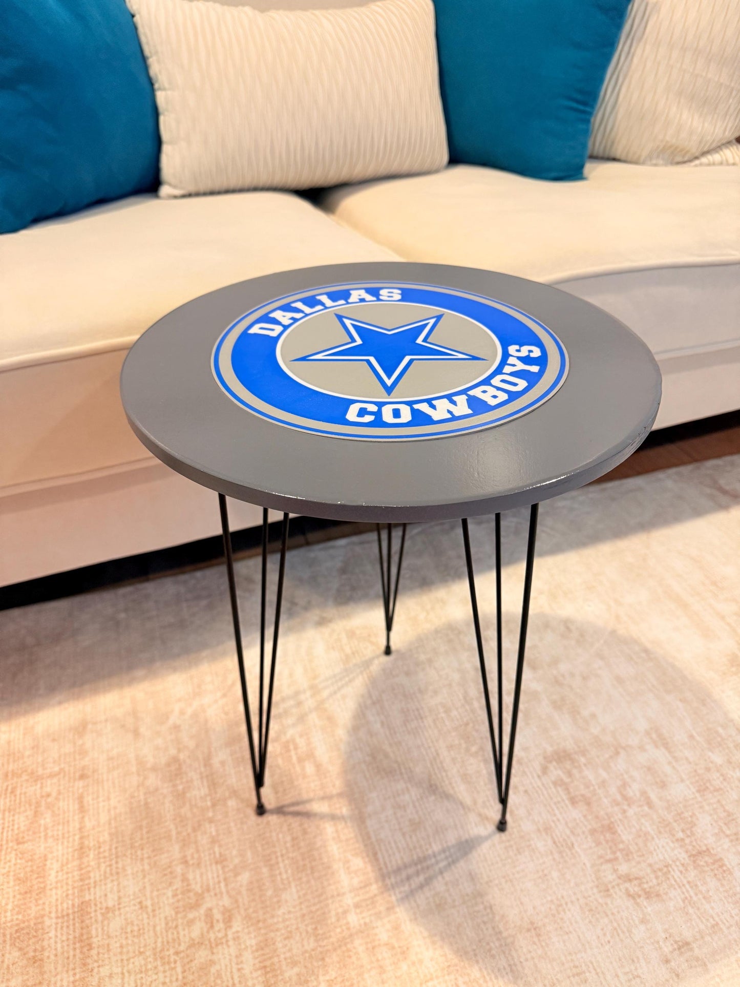 Custom Sports Team Table | Handmade Wood Round Table | Fan Cave Decor | Hairpin Legs | Personalized Team Logo