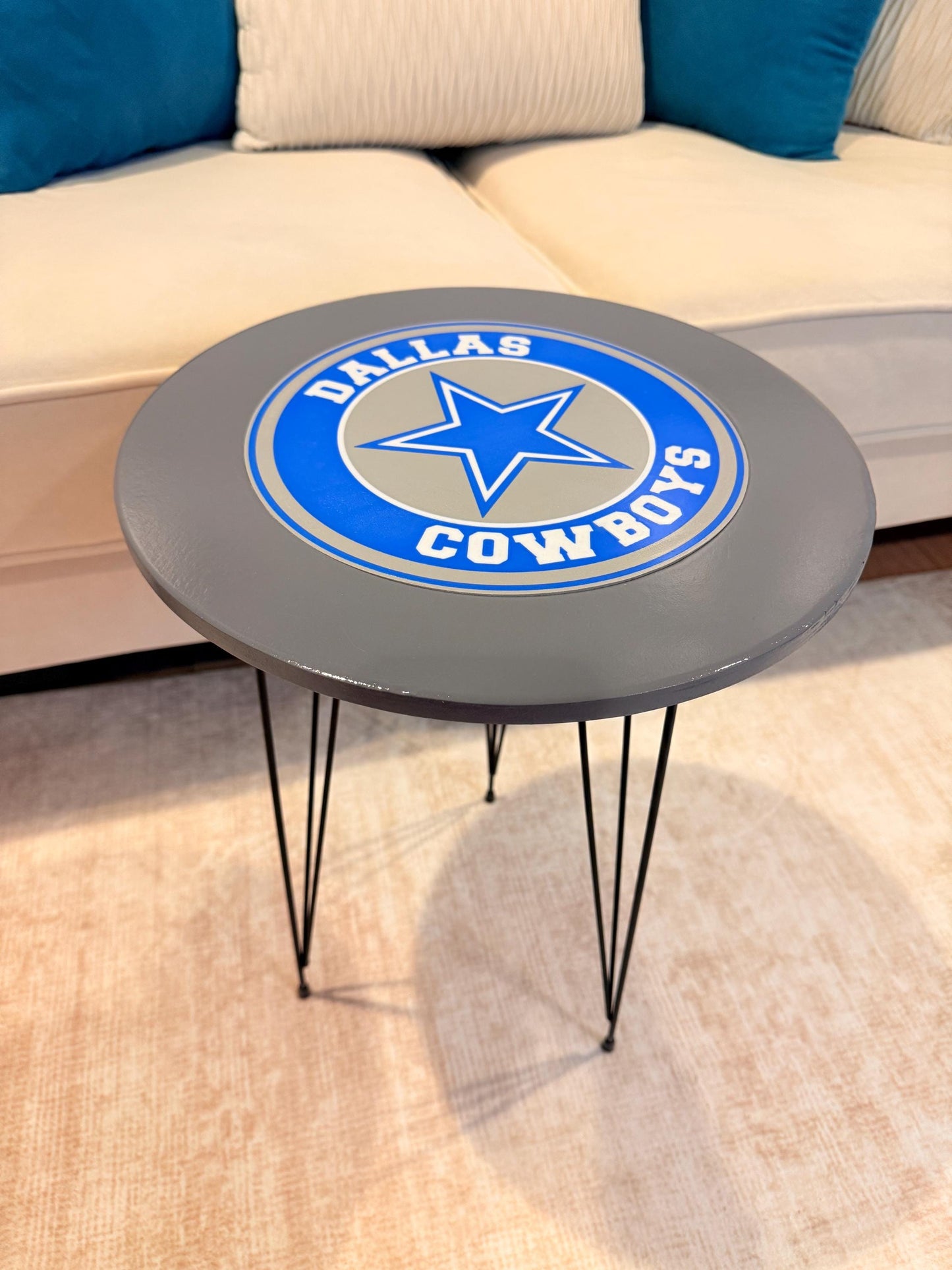Custom Sports Team Table | Handmade Wood Round Table | Fan Cave Decor | Hairpin Legs | Personalized Team Logo