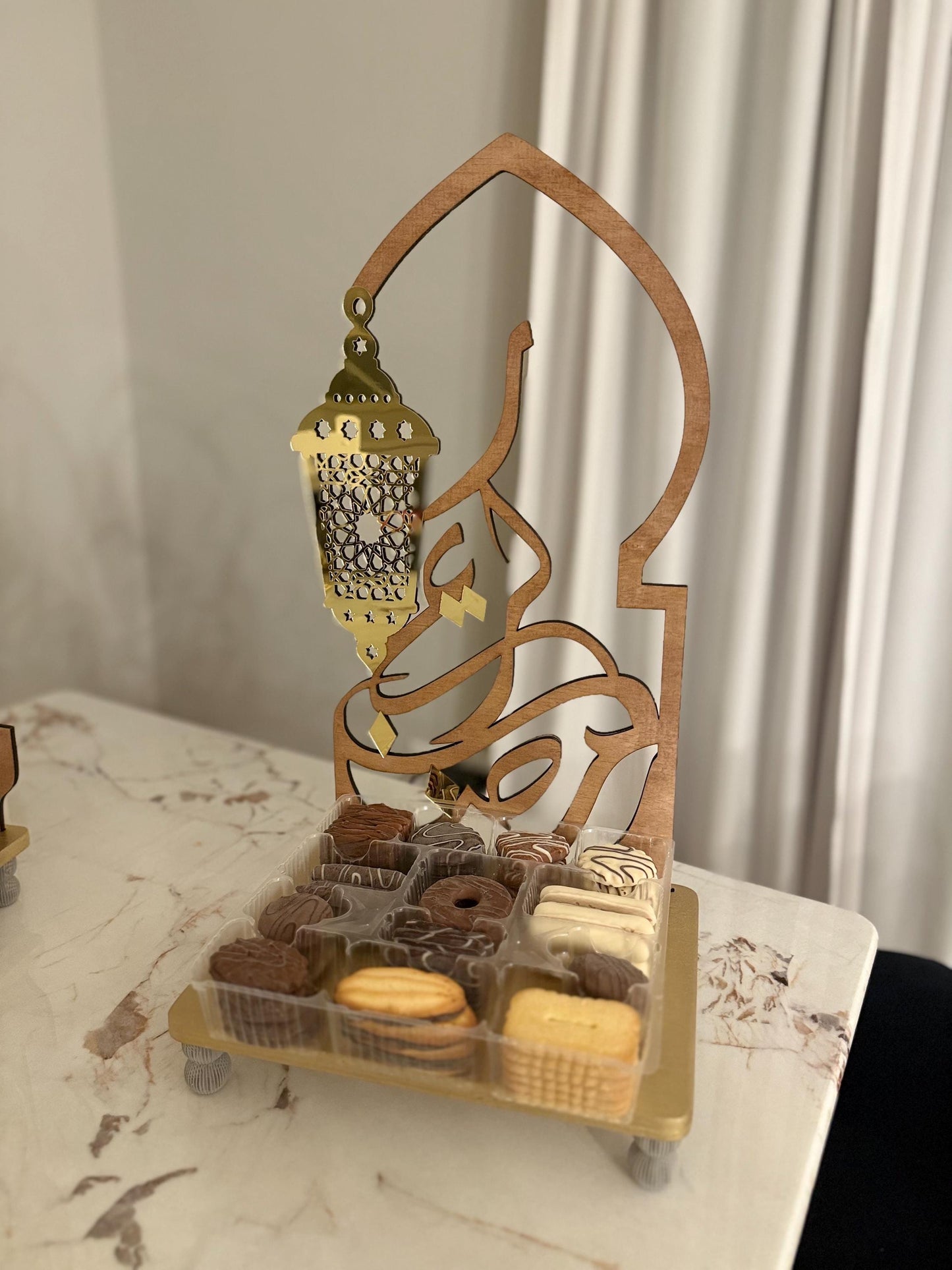 Luxury Ramadan Decorative Tray, Handmade Islamic Table Decor, Natural Wood & Gold Ramadan Centerpiece, Elegant Ramadan Gift