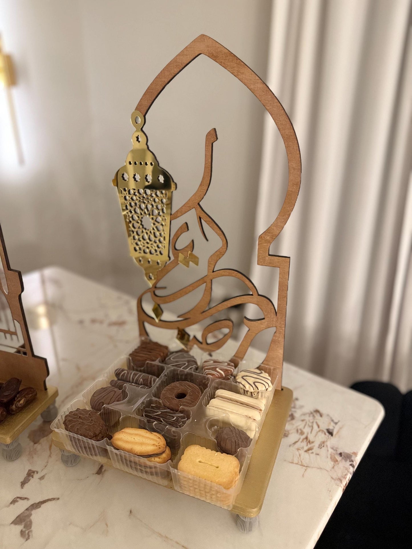 Luxury Ramadan Decorative Tray, Handmade Islamic Table Decor, Natural Wood & Gold Ramadan Centerpiece, Elegant Ramadan Gift