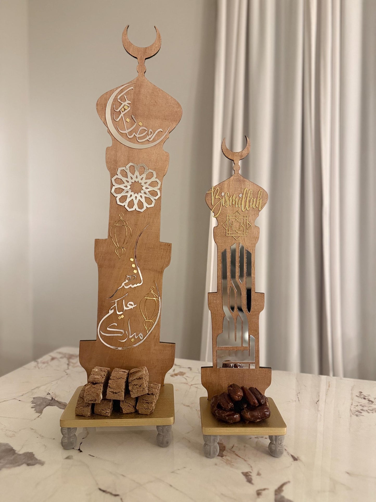 Luxury Islamic Minaret Decor – Ramadan Kareem & Bismillah, Handmade Wooden Ramadan Decoration