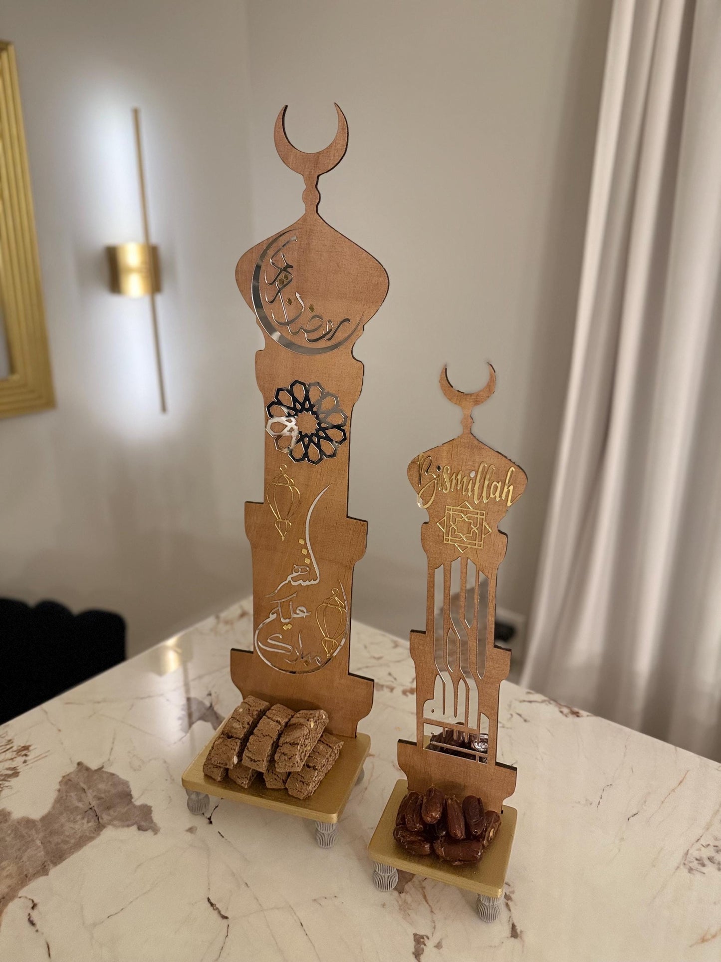 Luxury Islamic Minaret Decor – Ramadan Kareem & Bismillah, Handmade Wooden Ramadan Decoration