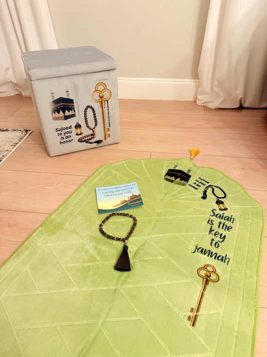 Salah is the Key to Jannah – Men’s Prayer Gift Box | Islamic Gift for Him | Prayer Mat, Tiger Eye Tasbih | Ramadan & Eid Gift
