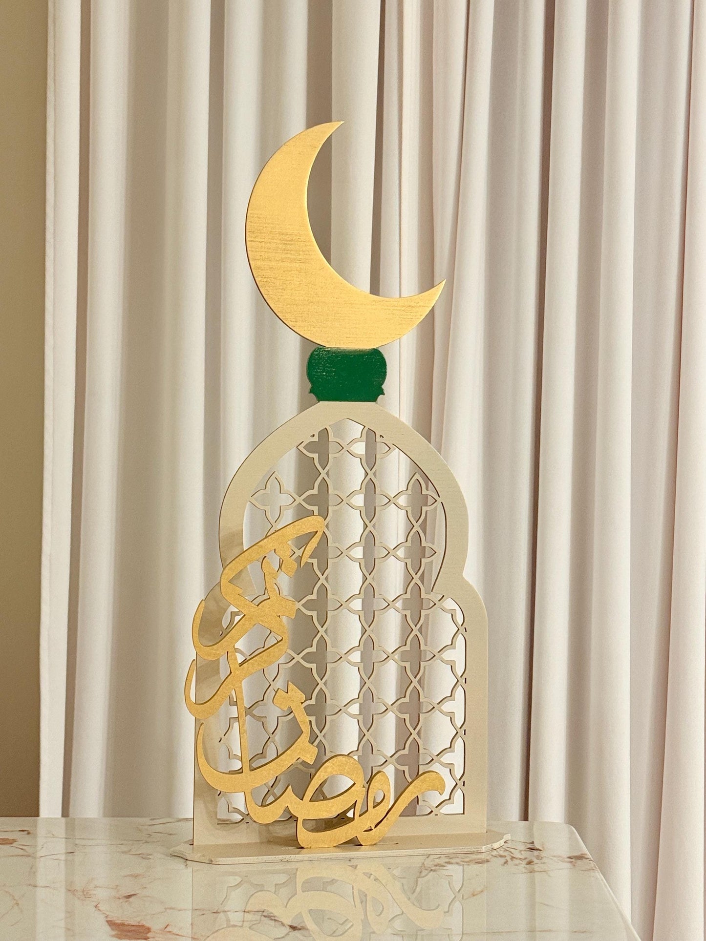 Original Islamic Wooden Decor | Ramadan Arabic Calligraphy with Crescent Moon | Luxury Minimalist Islamic Home Decor | Freestanding Wood Art