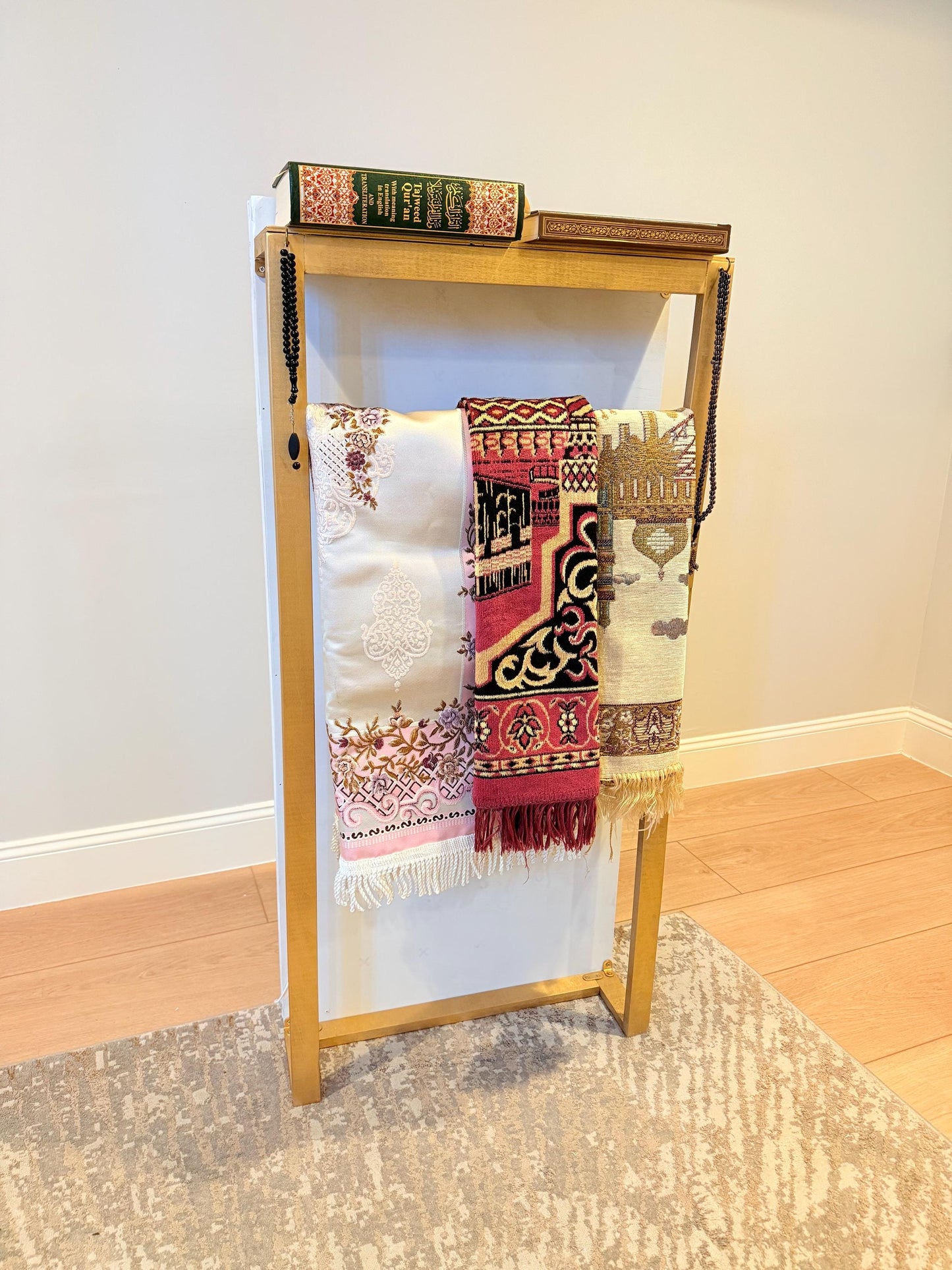 Luxury Islamic Prayer Corner Stand | Ayat Al Kursi Mihrab Wall Art with LED Light | Elegant Quran & Prayer Rug Organizer | 46 Inch