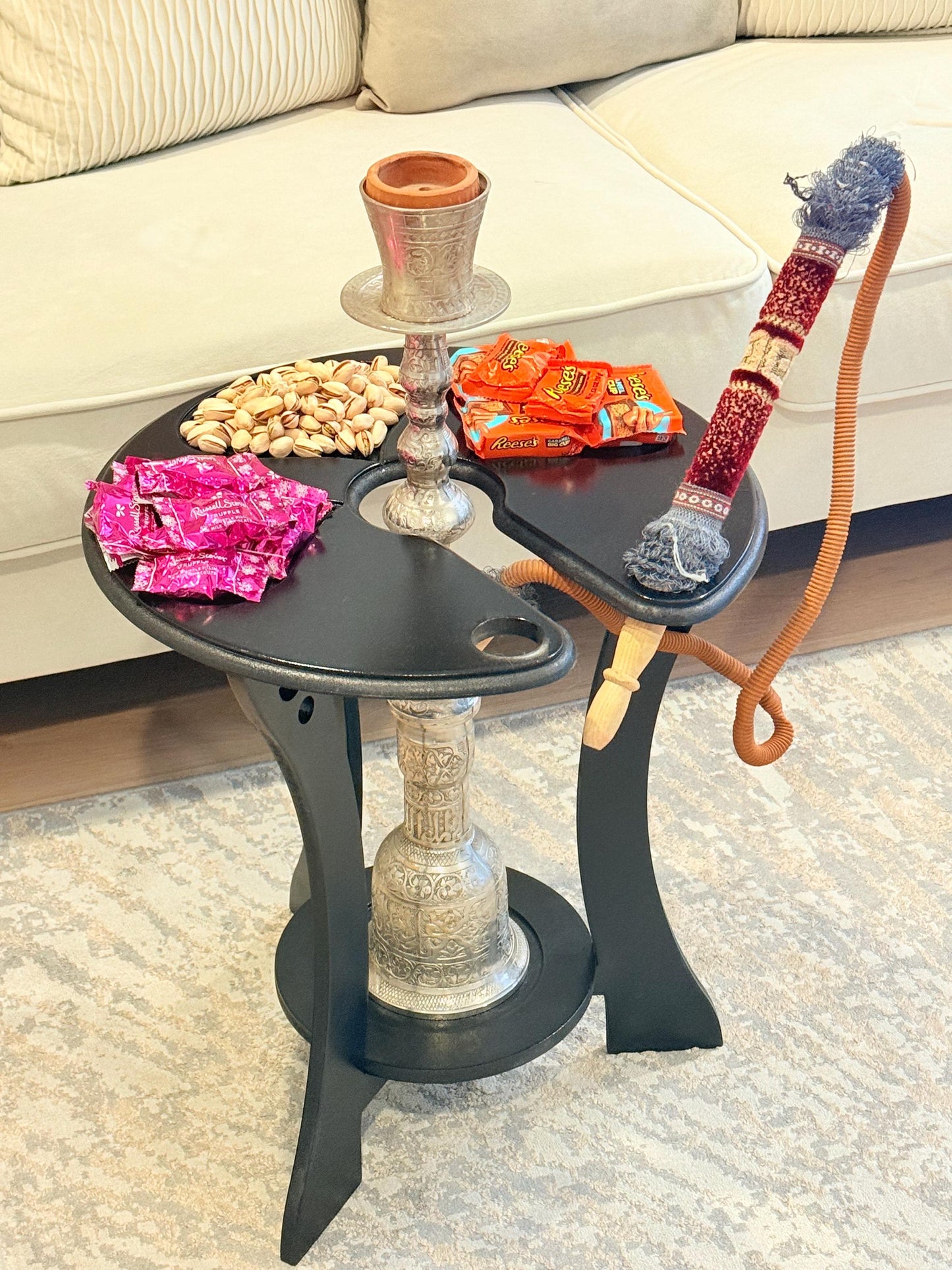 Luxury Hookah Table | Modern Shisha Side Table | Handmade Hookah Stand with Hose Holder | Lounge & Home Decor