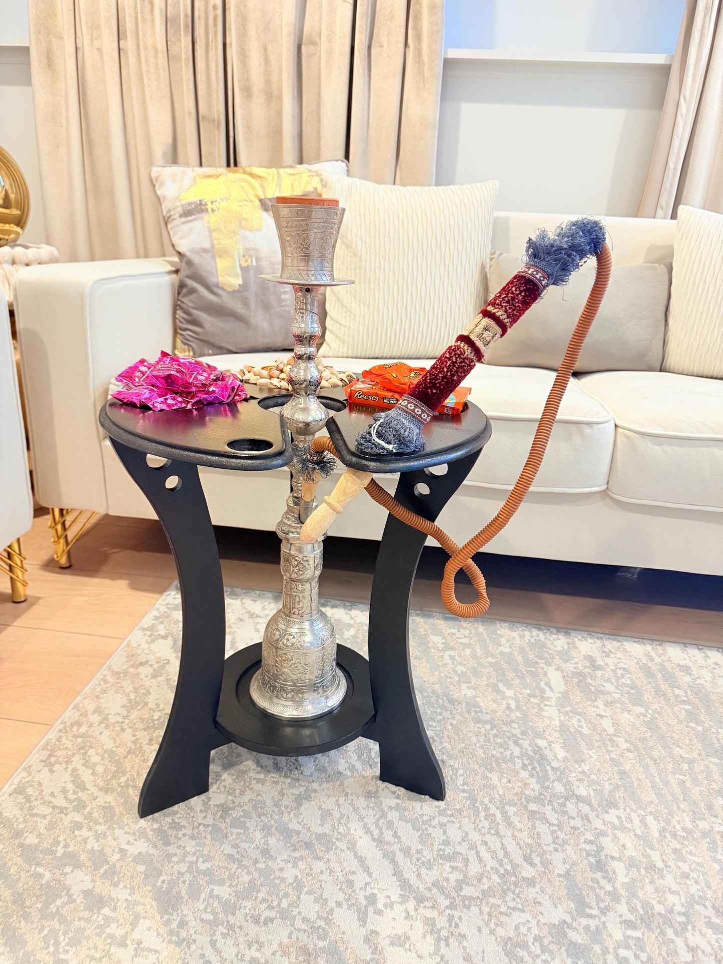 Luxury Hookah Table | Modern Shisha Side Table | Handmade Hookah Stand with Hose Holder | Lounge & Home Decor